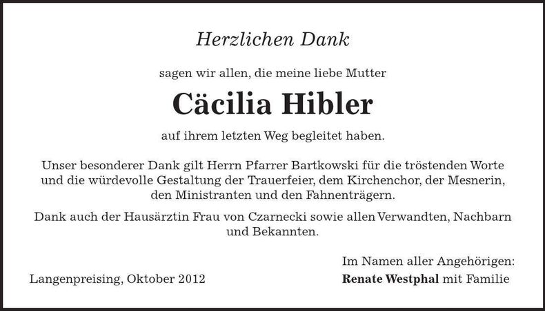 Traueranzeige Cäcilia Hibler