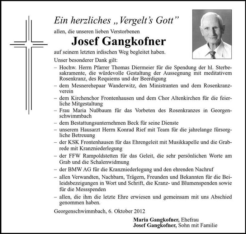 Traueranzeige Josef Gangkofner