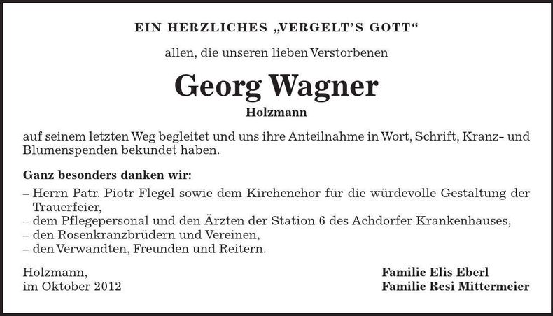 Traueranzeige Georg Wagner
