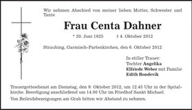 Traueranzeige Centa Dahner
