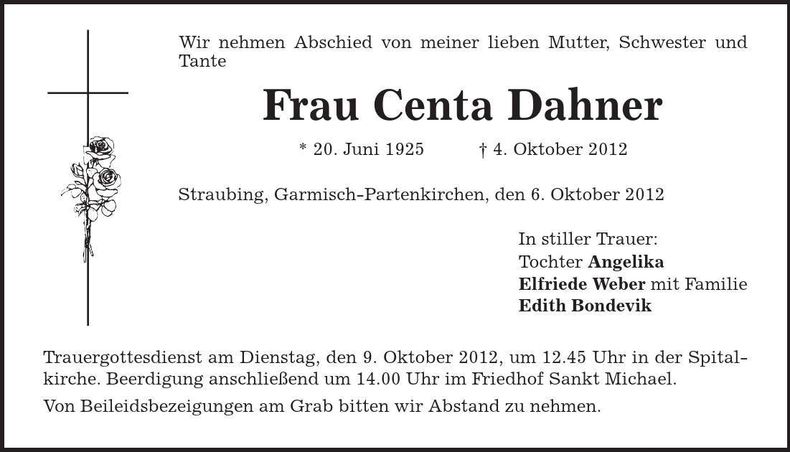 Traueranzeige Centa Dahner