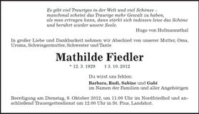 Traueranzeige Mathilde Fiedler