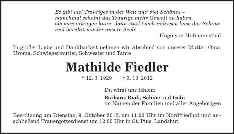 Traueranzeige Mathilde Fiedler
