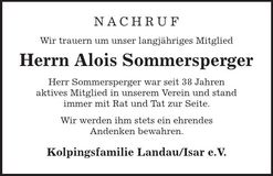 Traueranzeige Alois Sommersperger