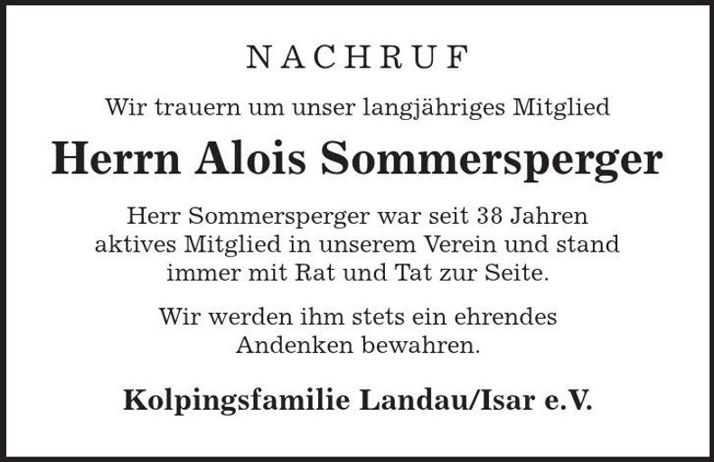 Traueranzeige Alois Sommersperger