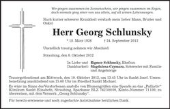 Traueranzeige Georg Schlunsky