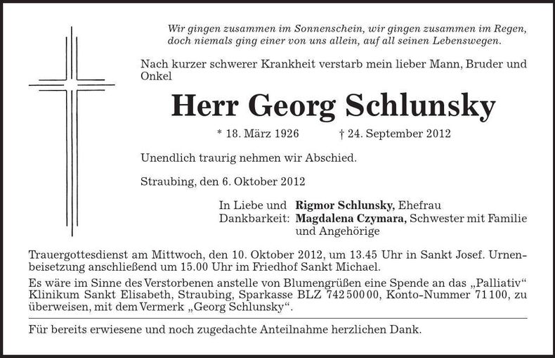Traueranzeige Georg Schlunsky