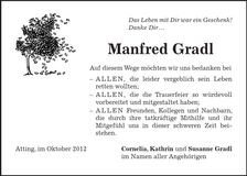 Traueranzeige Manfred Gradl