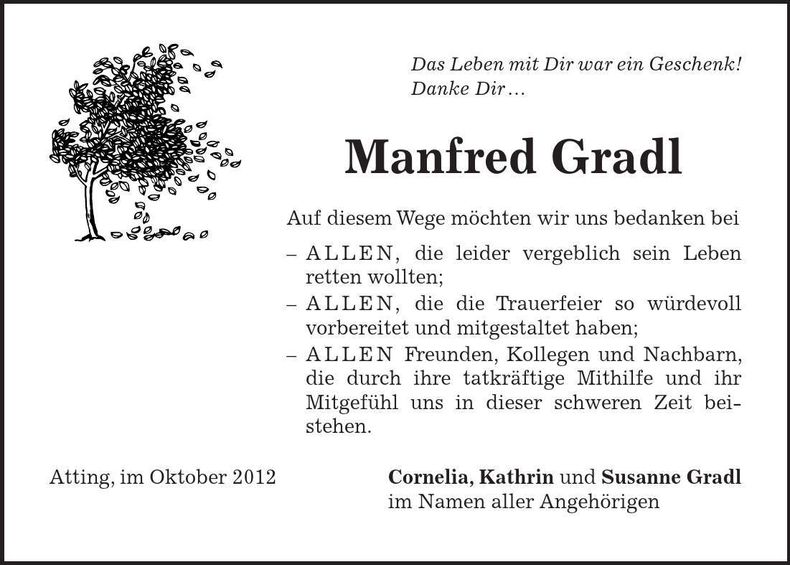 Traueranzeige Manfred Gradl