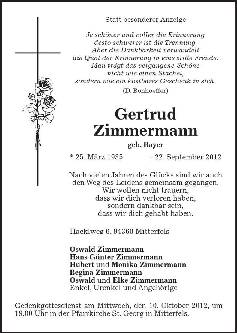 Traueranzeige Gertrud Zimmermann