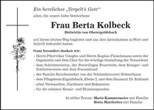 Traueranzeige Berta Kolbeck