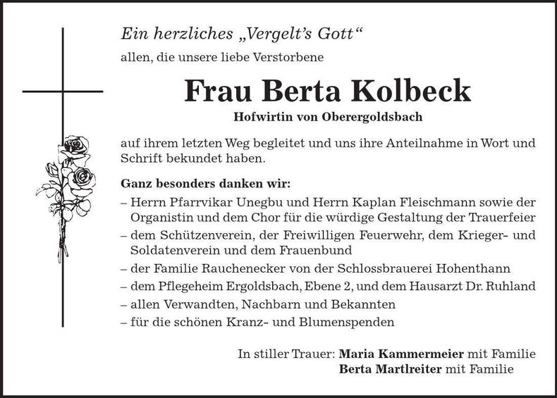 Traueranzeige Berta Kolbeck