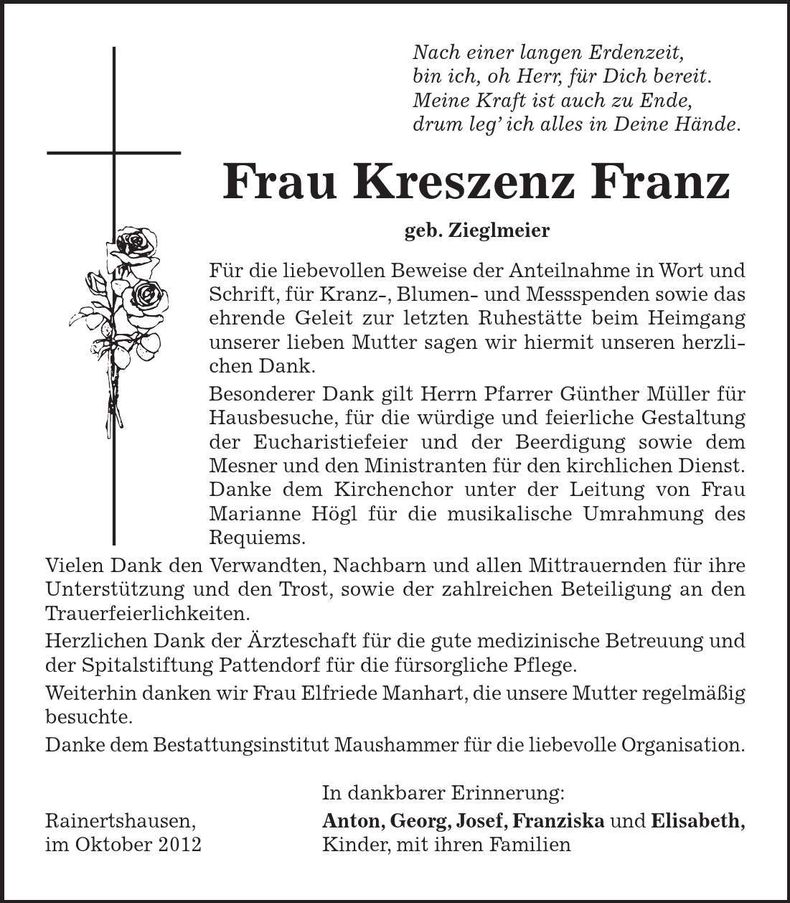 Traueranzeige Kreszenz Franz