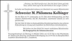 Traueranzeige Philomena Kolbinger