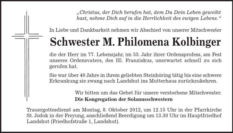 Traueranzeige Philomena Kolbinger