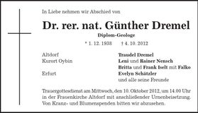 Traueranzeige Günther Dremel