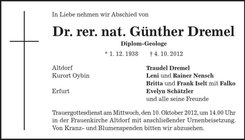 Traueranzeige Günther Dremel