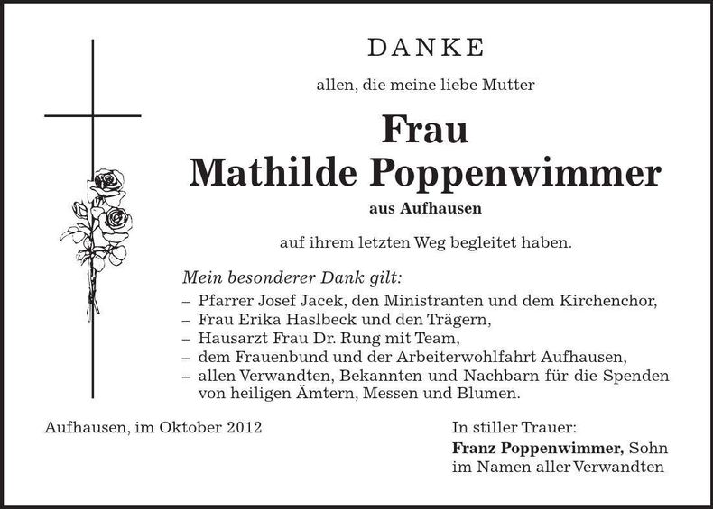Traueranzeige Mathilde Poppenwimmer
