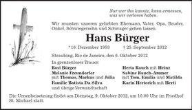 Traueranzeige Hans Bürger