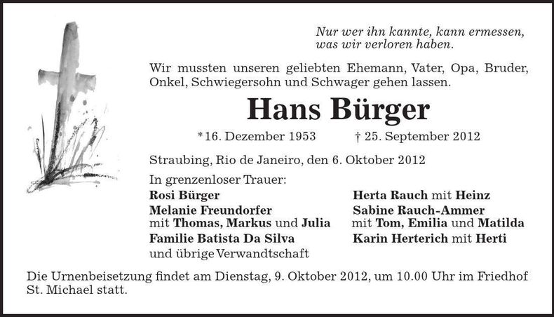 Traueranzeige Hans Bürger