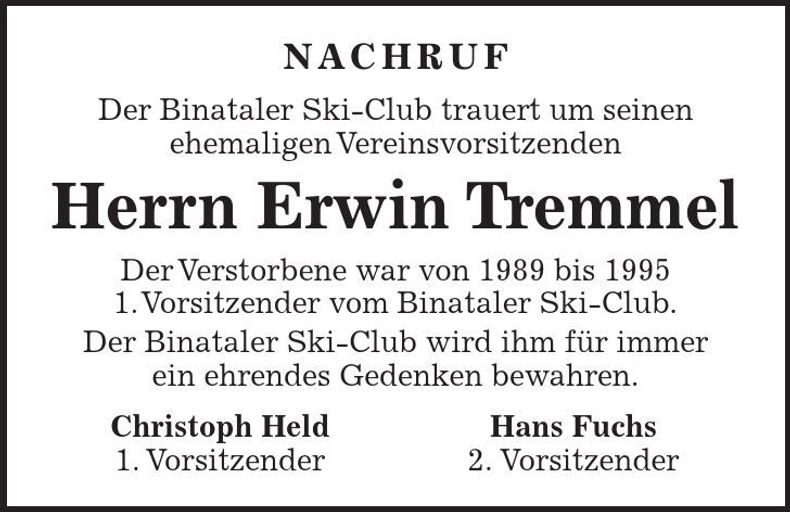 Traueranzeige Erwin Tremmel