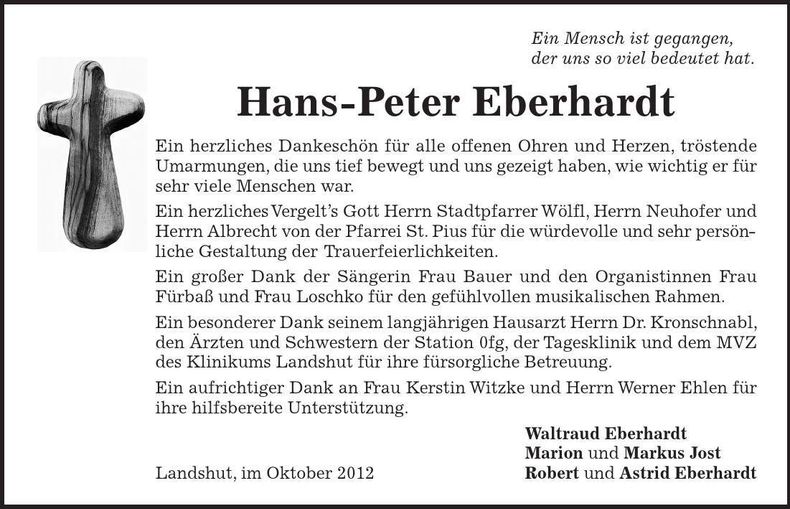 Traueranzeige Hans-Peter Eberhardt