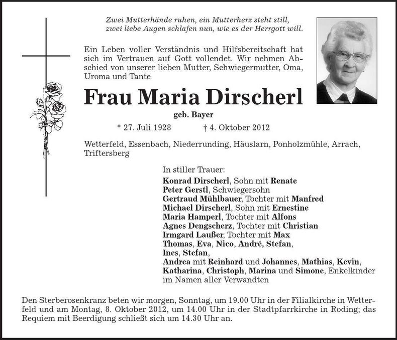 Traueranzeige Maria Dirscherl