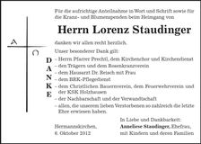 Traueranzeige Lorenz Staudinger
