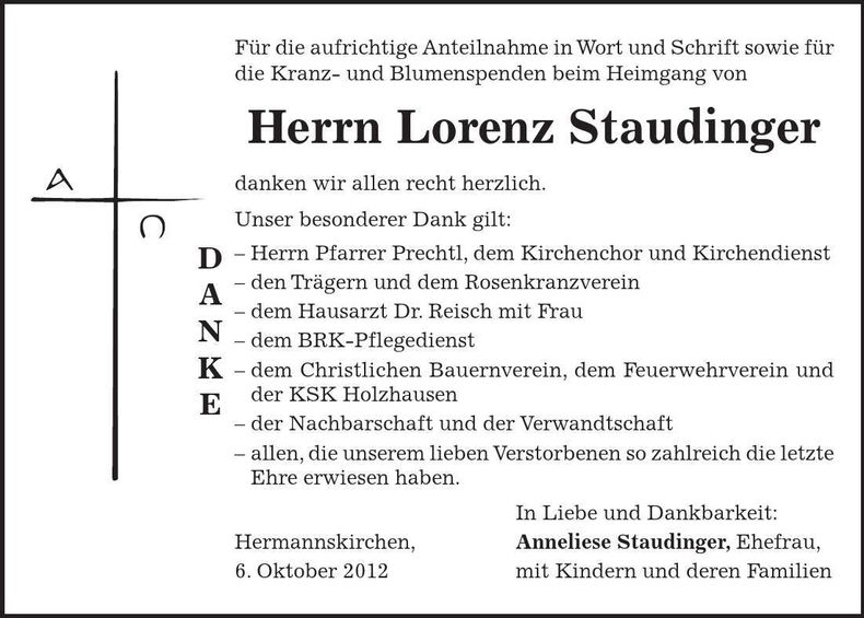 Traueranzeige Lorenz Staudinger