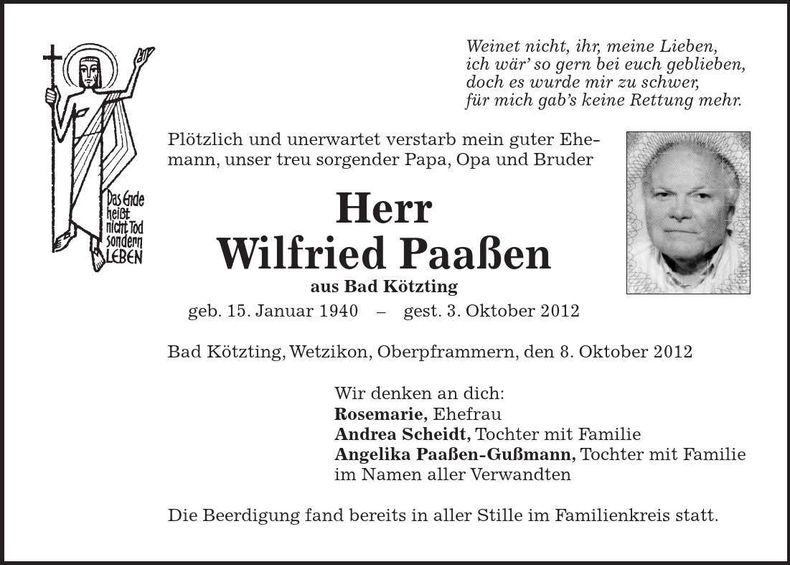 Traueranzeige Wilfried Paaßen