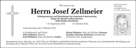 Traueranzeige Josef Zellmeier