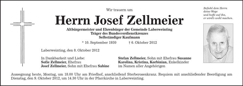 Traueranzeige Josef Zellmeier