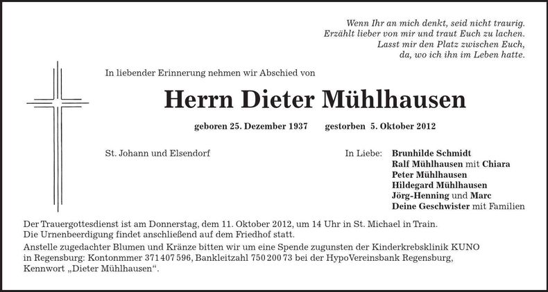 Traueranzeige Dieter Mühlhausen