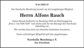 Traueranzeige Alfons Rauch