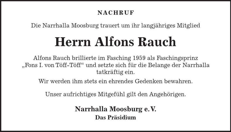 Traueranzeige Alfons Rauch