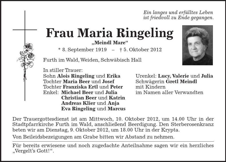 Traueranzeige Maria Ringeling