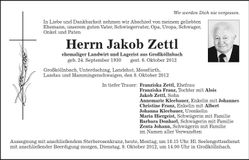 Traueranzeige Jakob Zettl