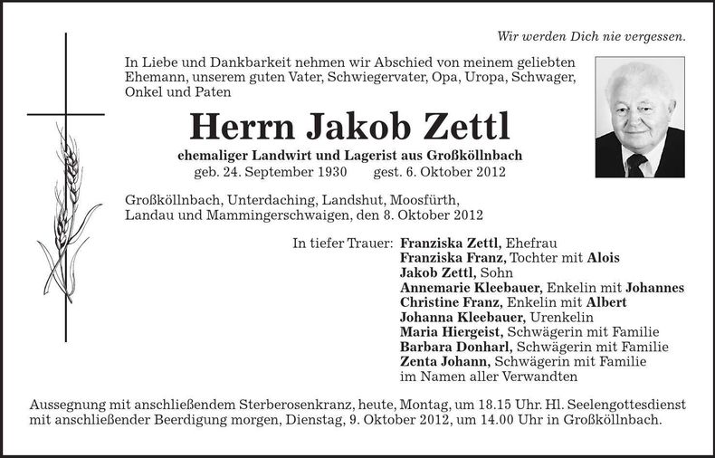 Traueranzeige Jakob Zettl