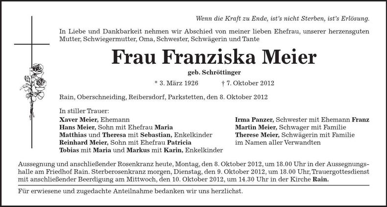 Traueranzeige Franziska Meier