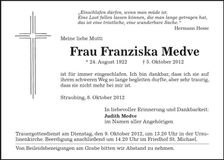 Traueranzeige Franziska Medve