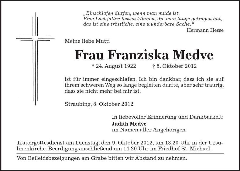 Traueranzeige Franziska Medve