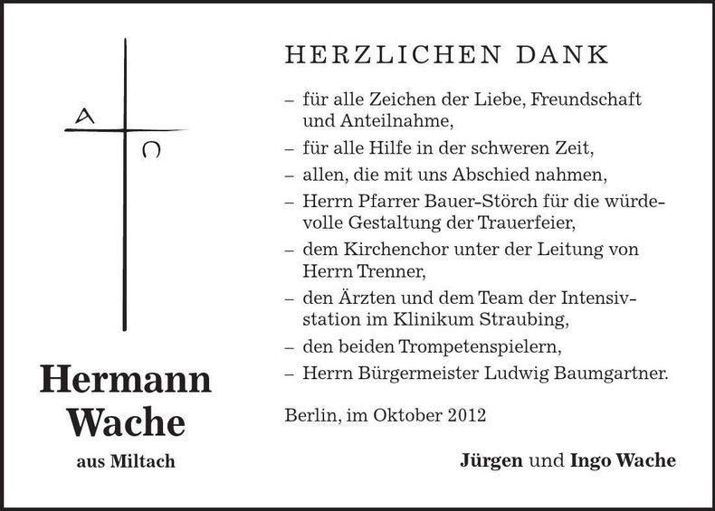 Traueranzeige Hermann Wache