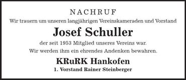 Traueranzeige Josef Schuller