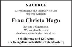 Traueranzeige Christa Hagn
