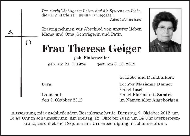 Traueranzeige Therese Geiger