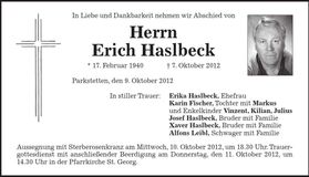 Traueranzeige Erich Haslbeck