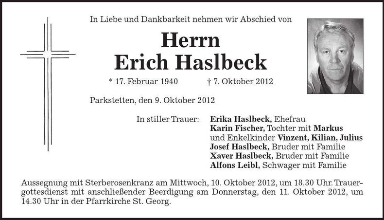 Traueranzeige Erich Haslbeck