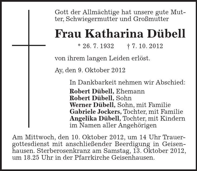 Traueranzeige Katharina Dübell