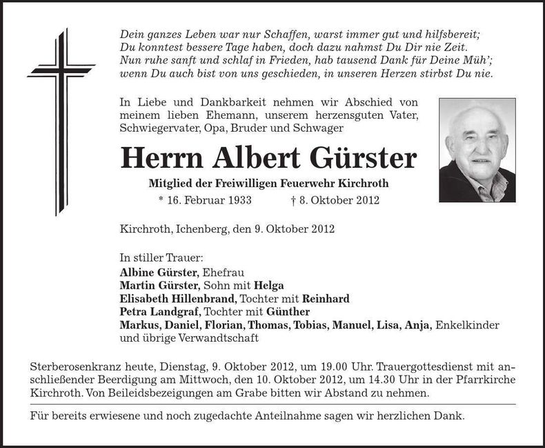 Traueranzeige Albert Gürster