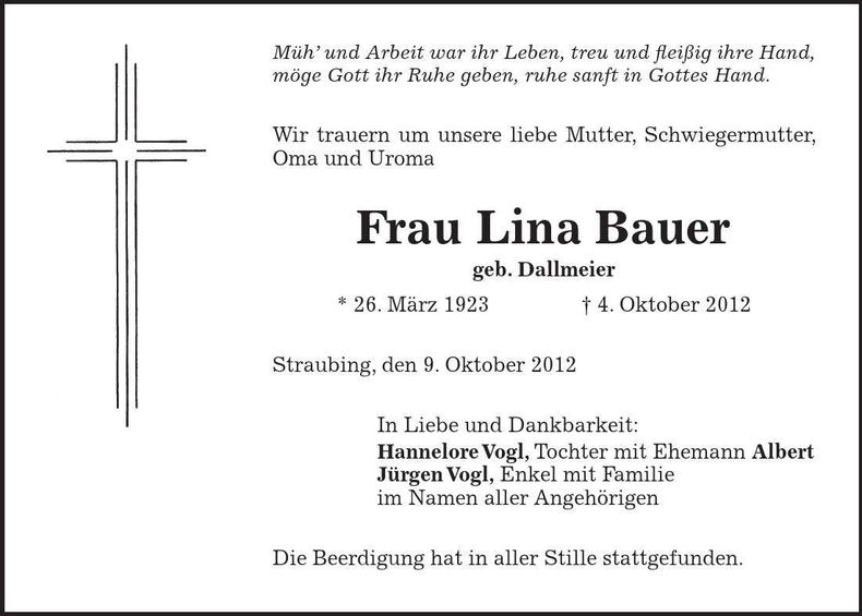 Traueranzeige Lina Bauer